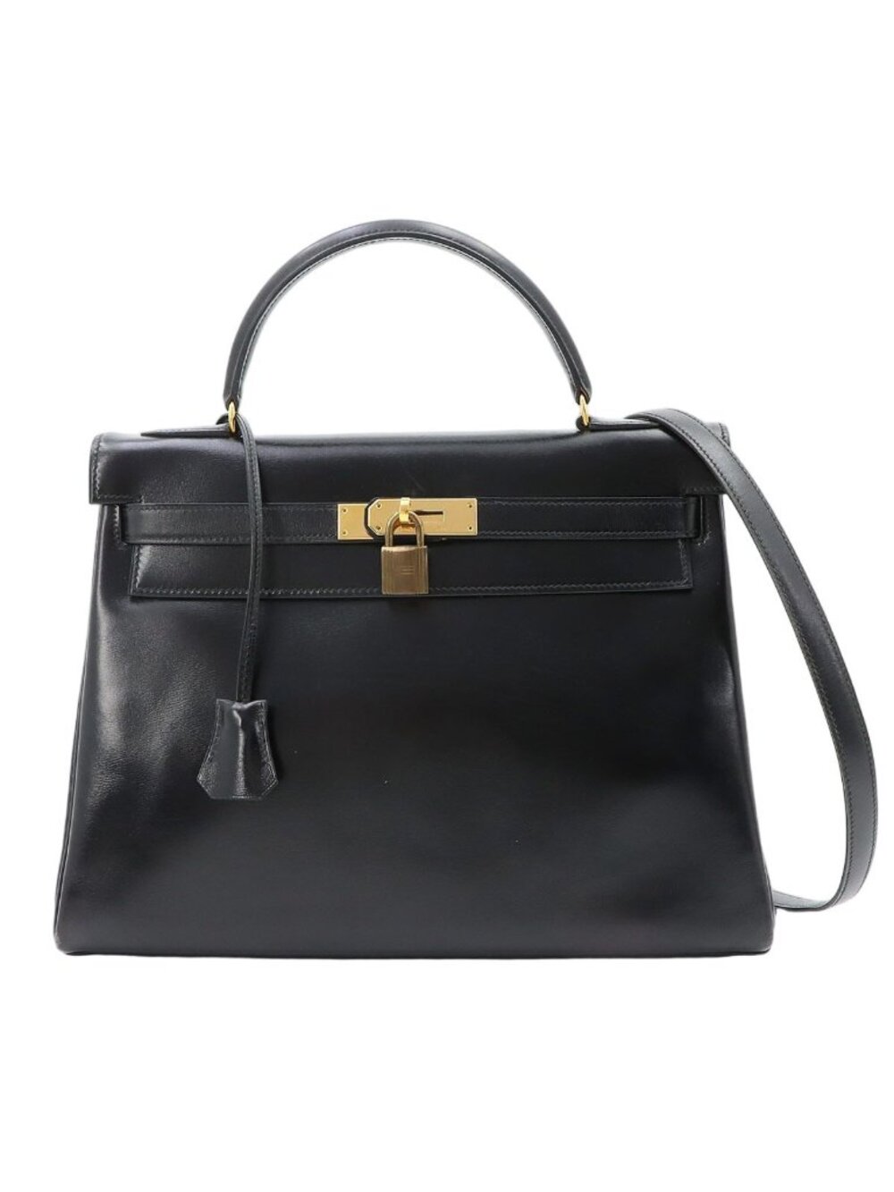 Hermes Kelly 32 Box Calf Black 2-Way Bag Retourne